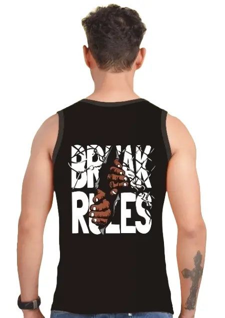 Men's Black Break Rules Graphic Printed Vest For Gym