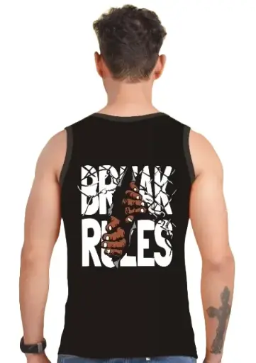 Men's Black Break Rules Graphic Printed Vest For Gym
