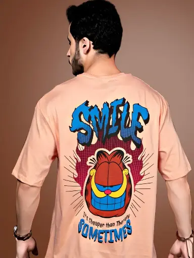 Smile Printed Oversized Peach Colour T-Shirt